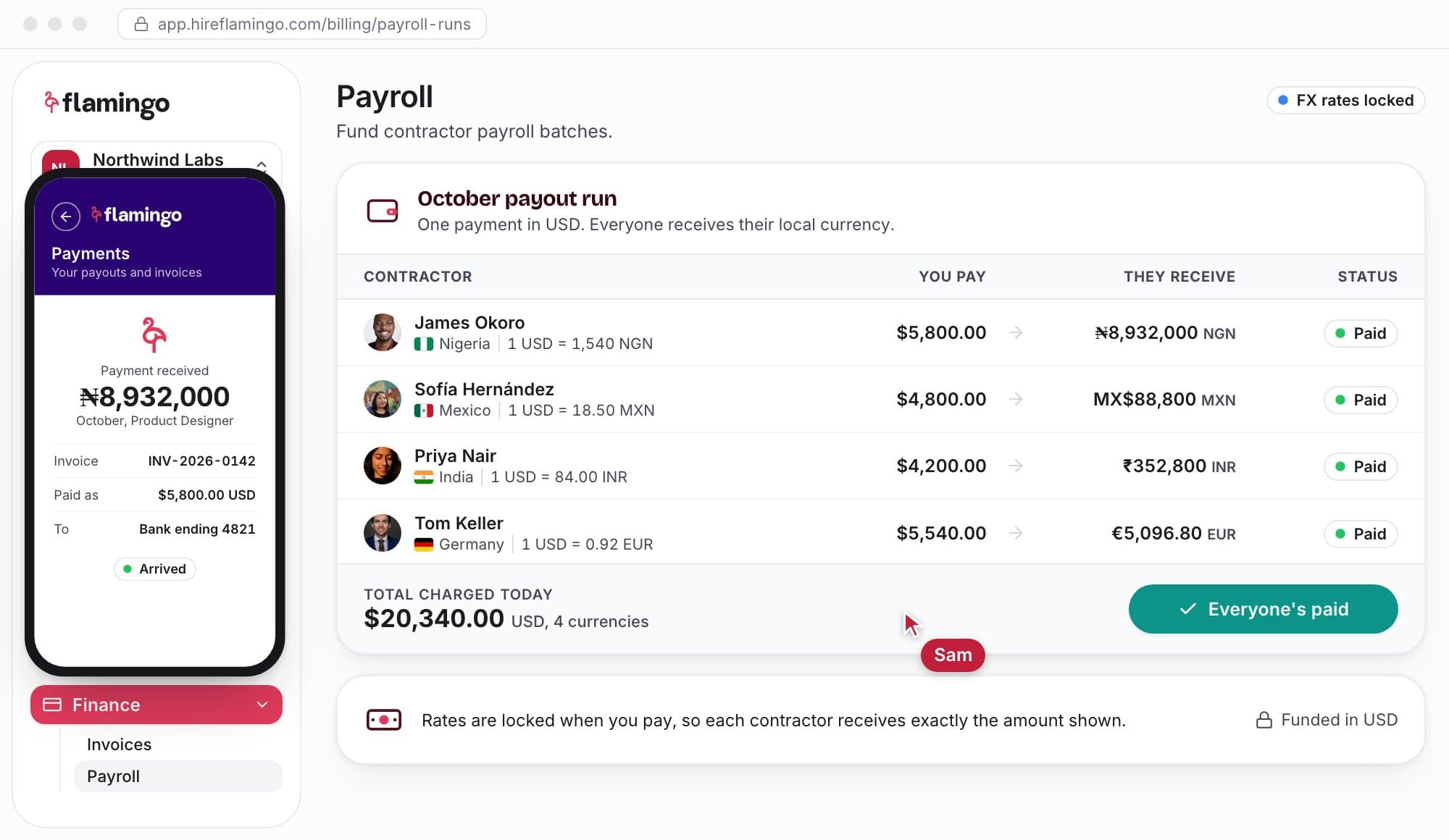 Flamingo product demo: hire and sign a contractor, get an Employer of Record quote for the Philippines, browse talents, verify identity on the contractor's phone, approve timesheets and an invoice, and pay four contractors in their local currencies